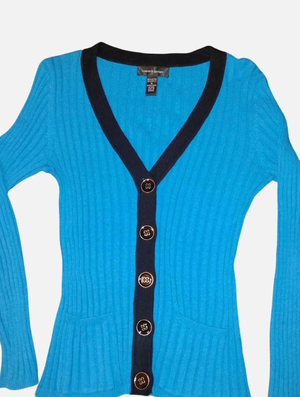 Cable & Gauge Turquoise Ribbed Cardigan – Black Trim – Size Medium
